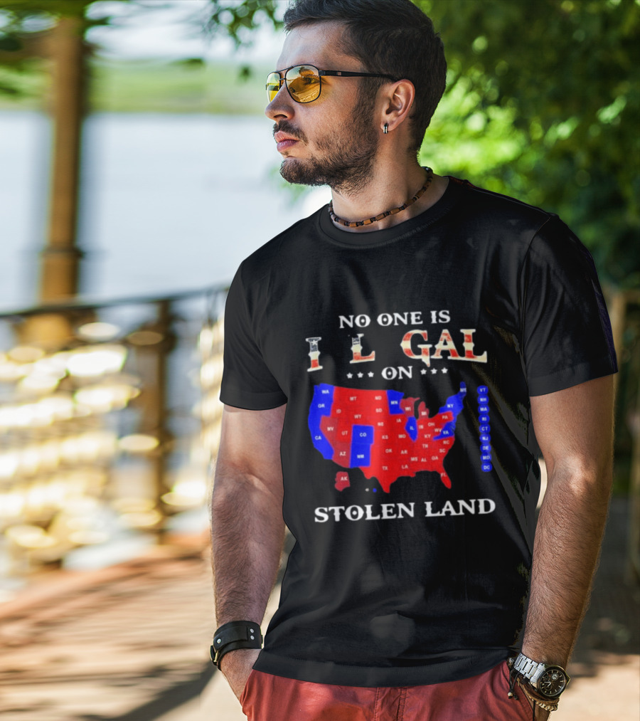 No One Is Illegal On Stolen Land USA Map Red And Blue States T-Shirt