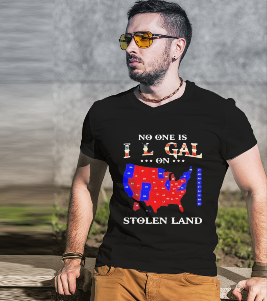 No One Is Illegal On Stolen Land USA Map Red And Blue States T-Shirt