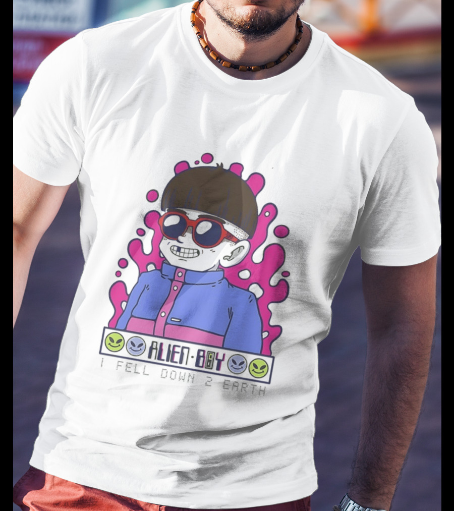 Alien Boy I Fell Down 2 Earth Cool Kid Retro Pink Smiley Vibes T-Shirt