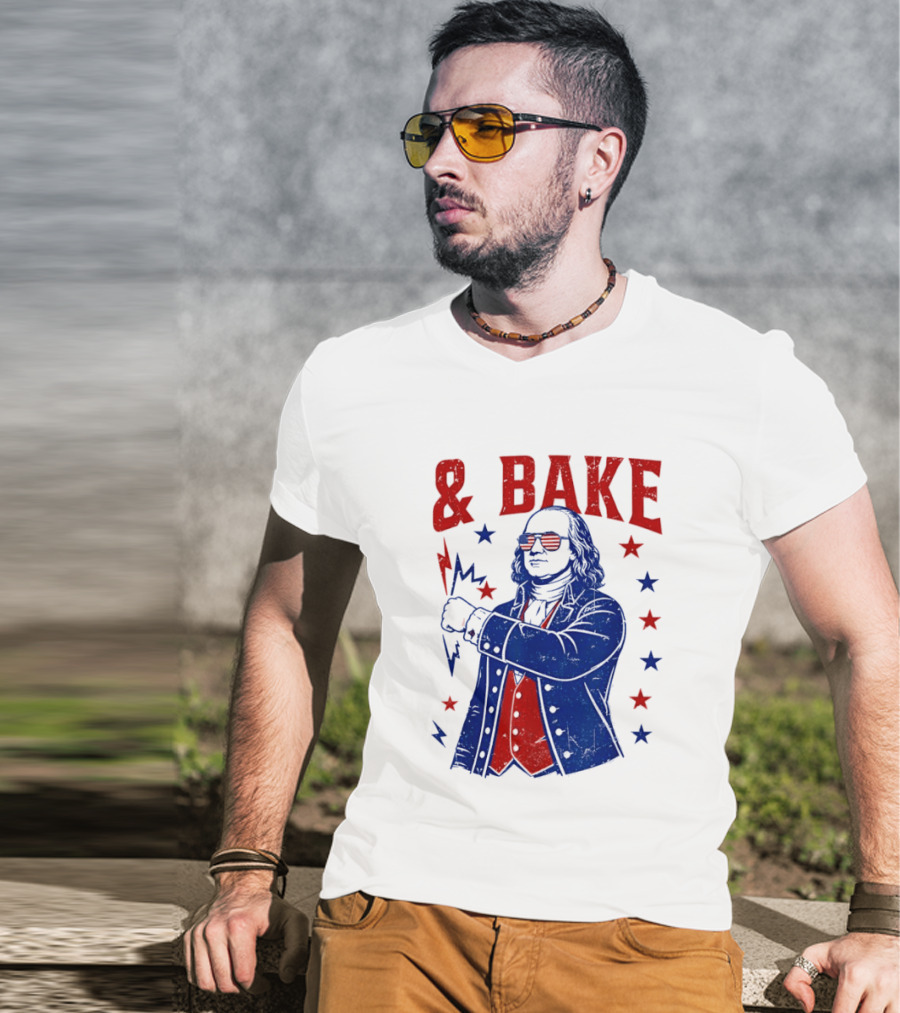 USA Benjamin Franklin Bake American Flag Sunglasses Stars T-Shirt