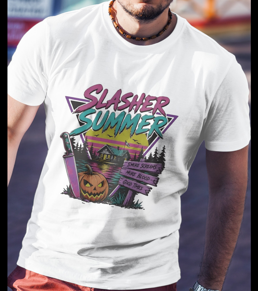 Slasher Summer S'more Screams More Blood Good Times Cabin Pumpkin Knife T-Shirt
