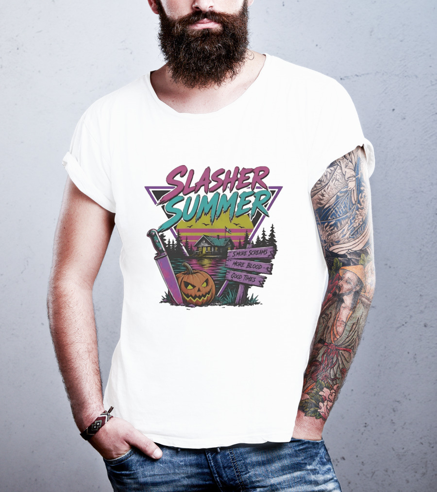 Slasher Summer S'more Screams More Blood Good Times Cabin Pumpkin Knife T-Shirt