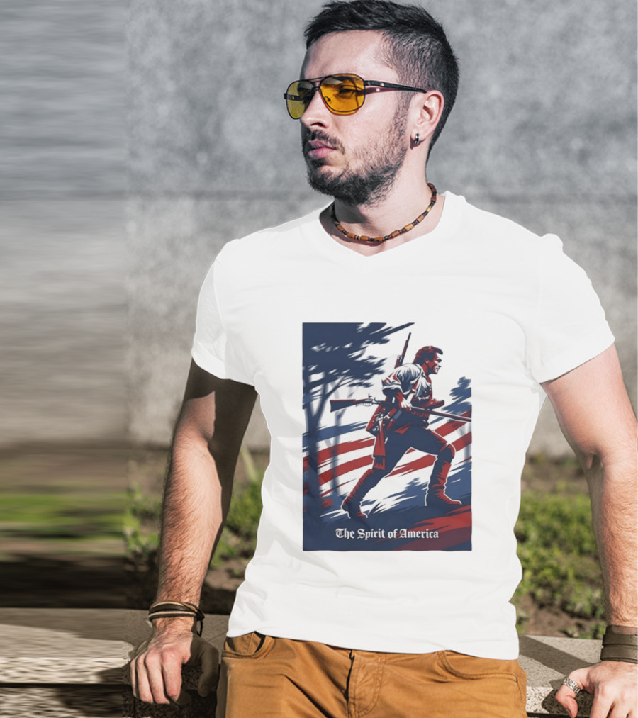 The Spirit Of America Revolutionary War Soldier With Musket And American Flag T-Shirt