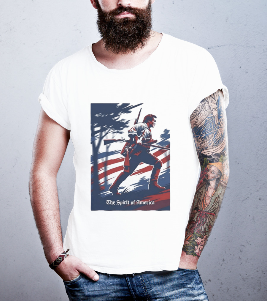 The Spirit Of America Revolutionary War Soldier With Musket And American Flag T-Shirt