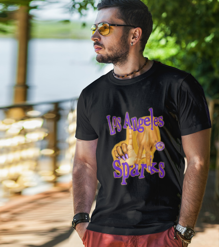 Los Angeles Sparks WNBA Finger Gesture Purple Ink Sketch T-Shirt