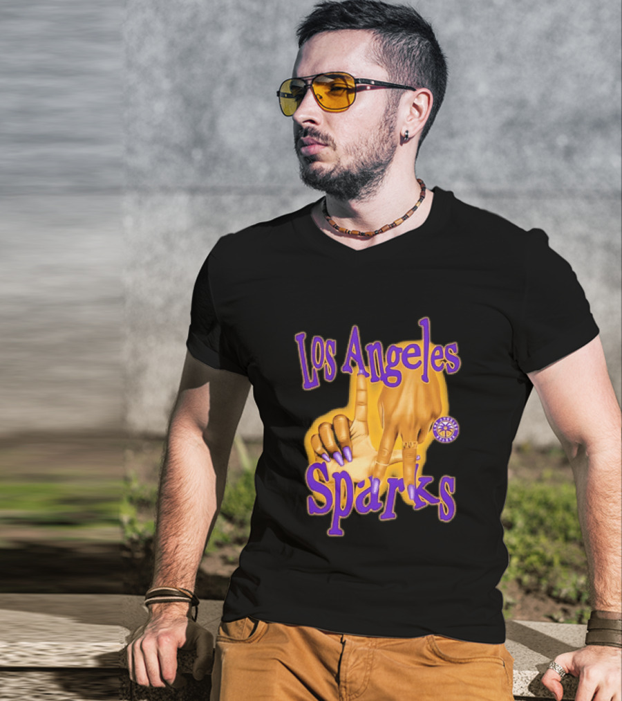 Los Angeles Sparks WNBA Finger Gesture Purple Ink Sketch T-Shirt