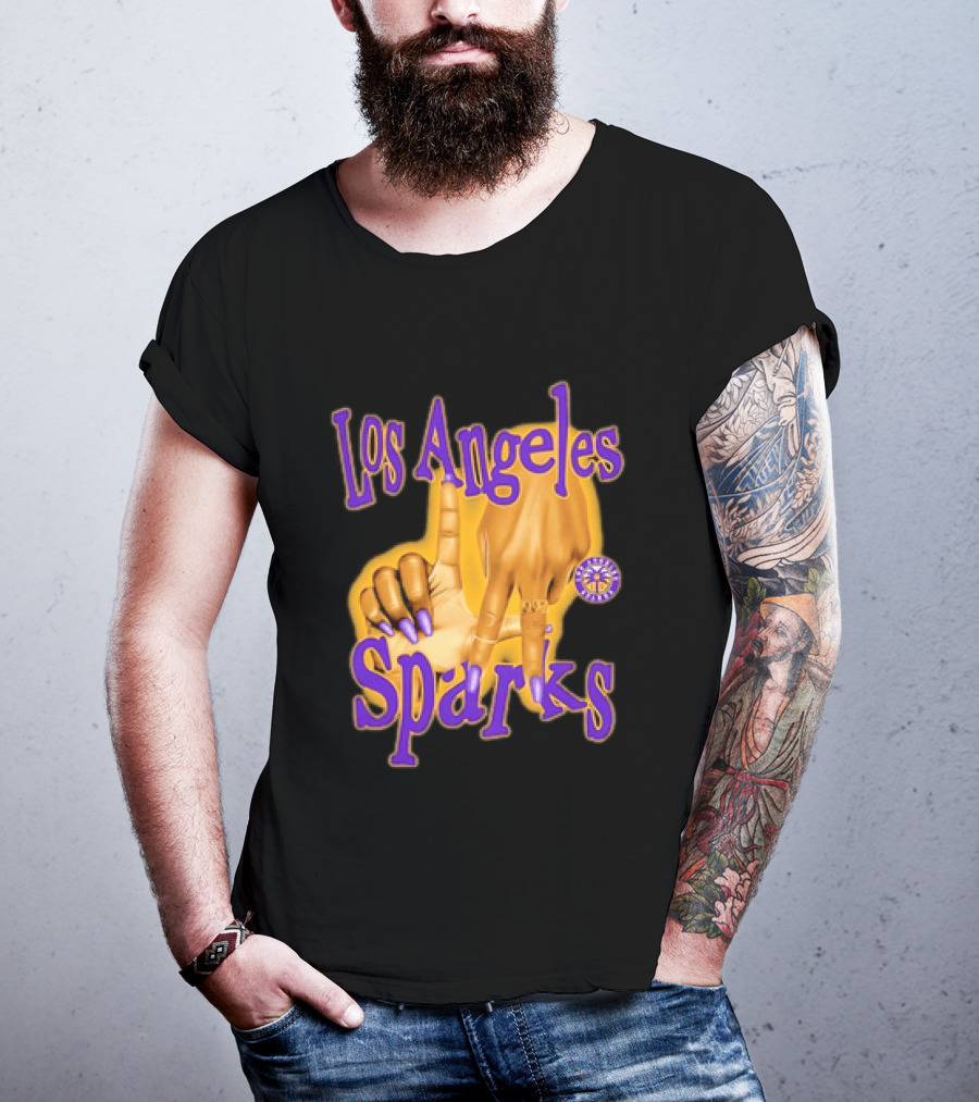 Los Angeles Sparks WNBA Finger Gesture Purple Ink Sketch T-Shirt