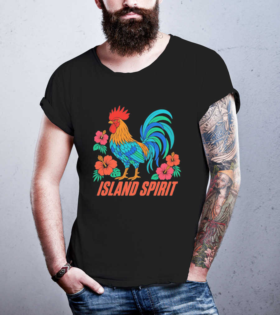 Island Spirit Rooster Hibiscus Flower Tropical Bird T-Shirt