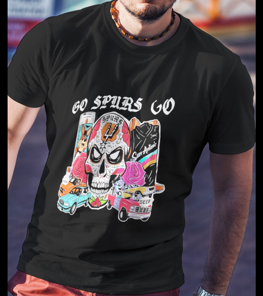 San Antonio Spurs Sugar Skull Go Spurs Go Vintage Cars Roses T-Shirt