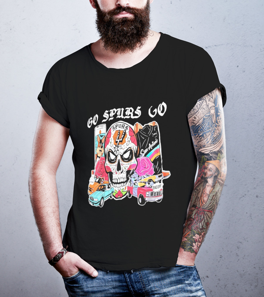 San Antonio Spurs Sugar Skull Go Spurs Go Vintage Cars Roses T-Shirt