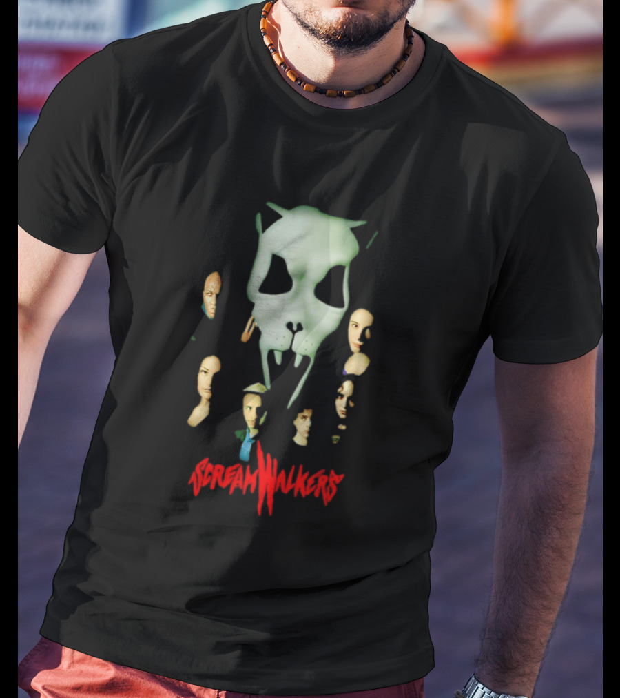 Screamwalkers Movie Cast Ensemble With Giant Mask Horror Faces T-Shirt