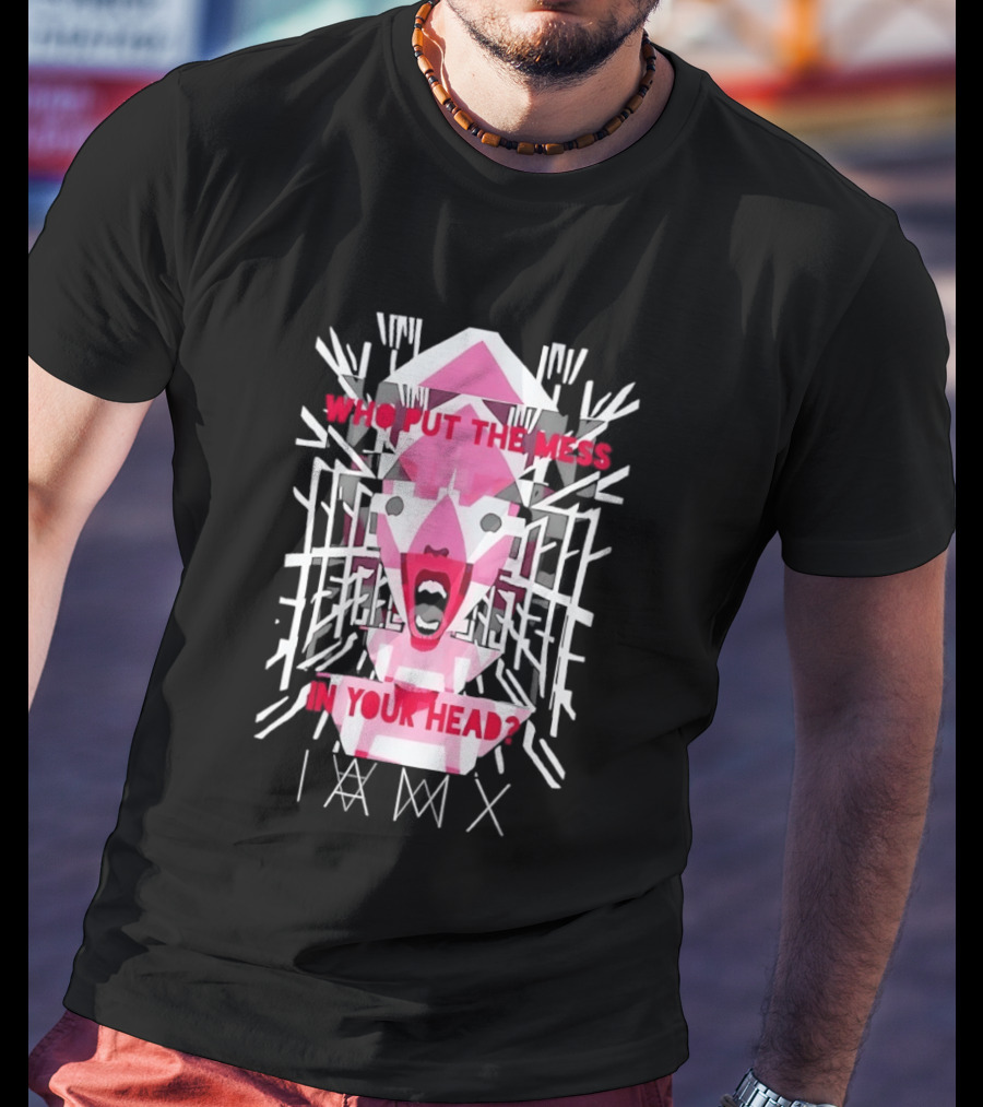 Who Put The Mess In Your Head Pink Abstract Geometric Face T-Shirt