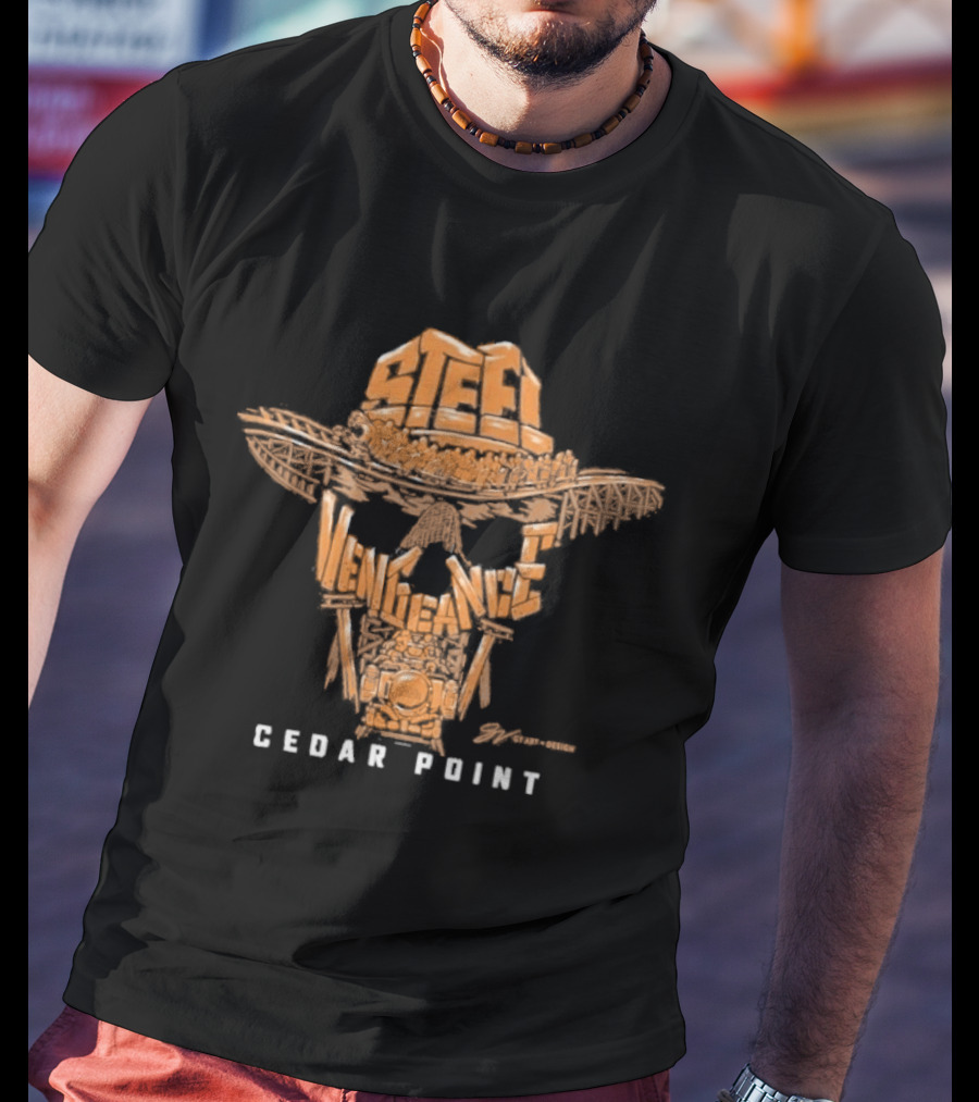 Cedar Point Steel Vengeance Orange Skull Logo & GV Wordscape T-Shirt