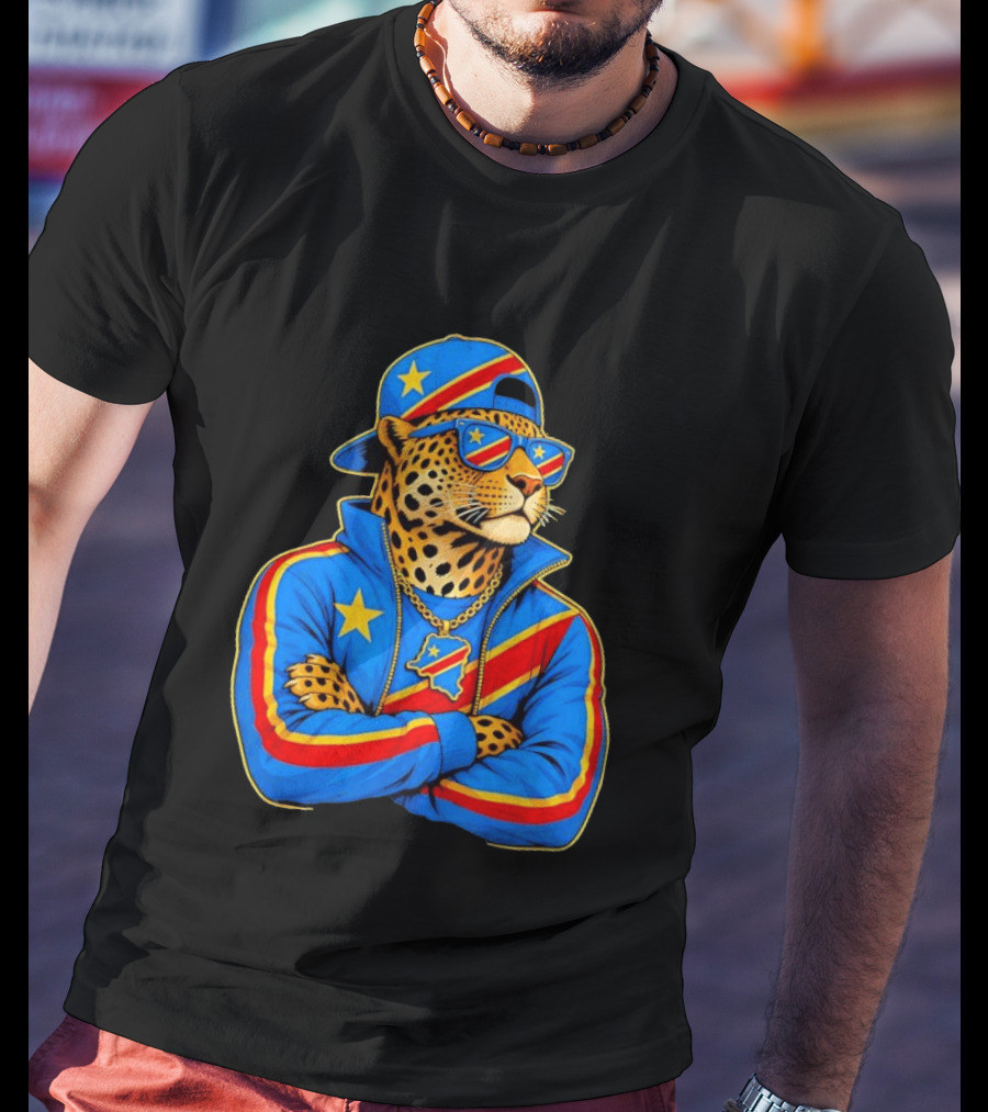 DR Congo Flag Colors Leopard In Hip Hop Style Outfit T-Shirt