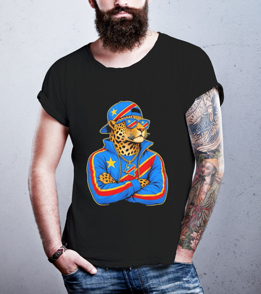 DR Congo Flag Colors Leopard In Hip Hop Style Outfit T-Shirt