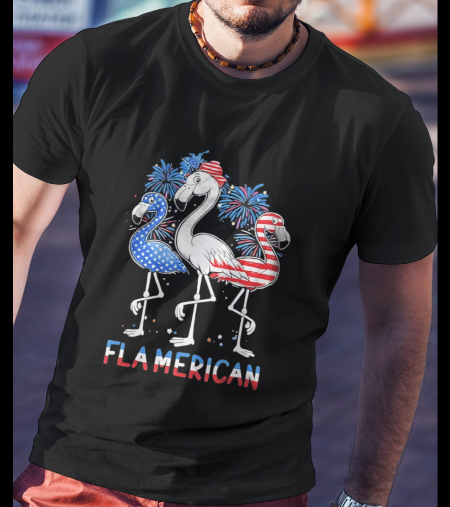 Flamerican Flamingo Fireworks Patriotic Fourth Of July T-Shirt