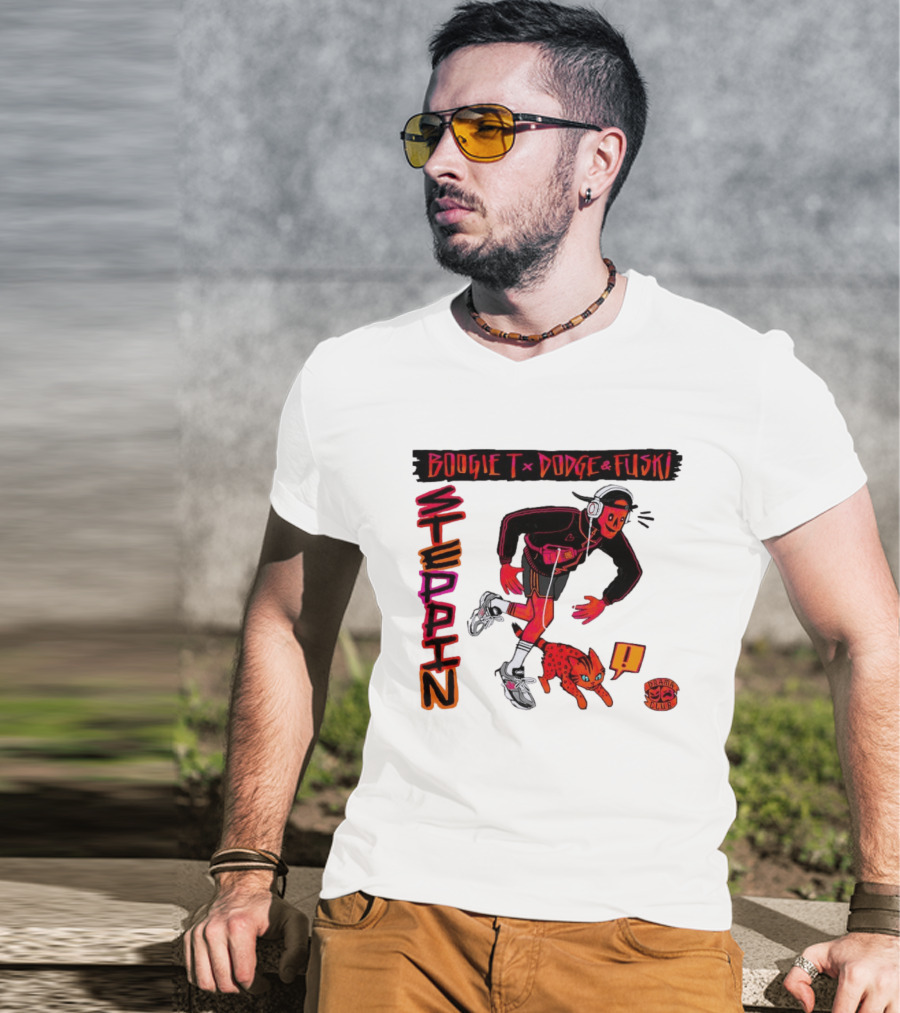 Boogie X Dodge And Fuski Steppin Drama Club Cat With Headphones And Sneakers T-Shirt