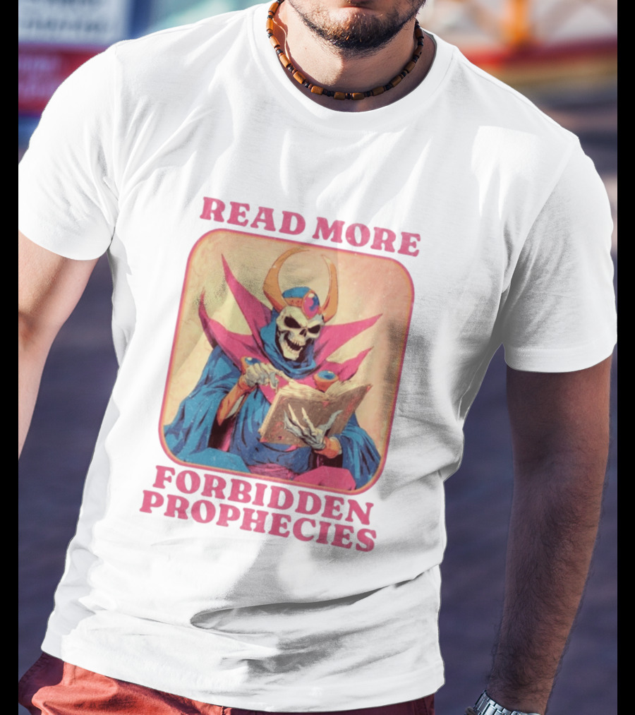 Read More Forbidden Prophecies Skeleton Cloaked Figure Holding Book T-Shirt