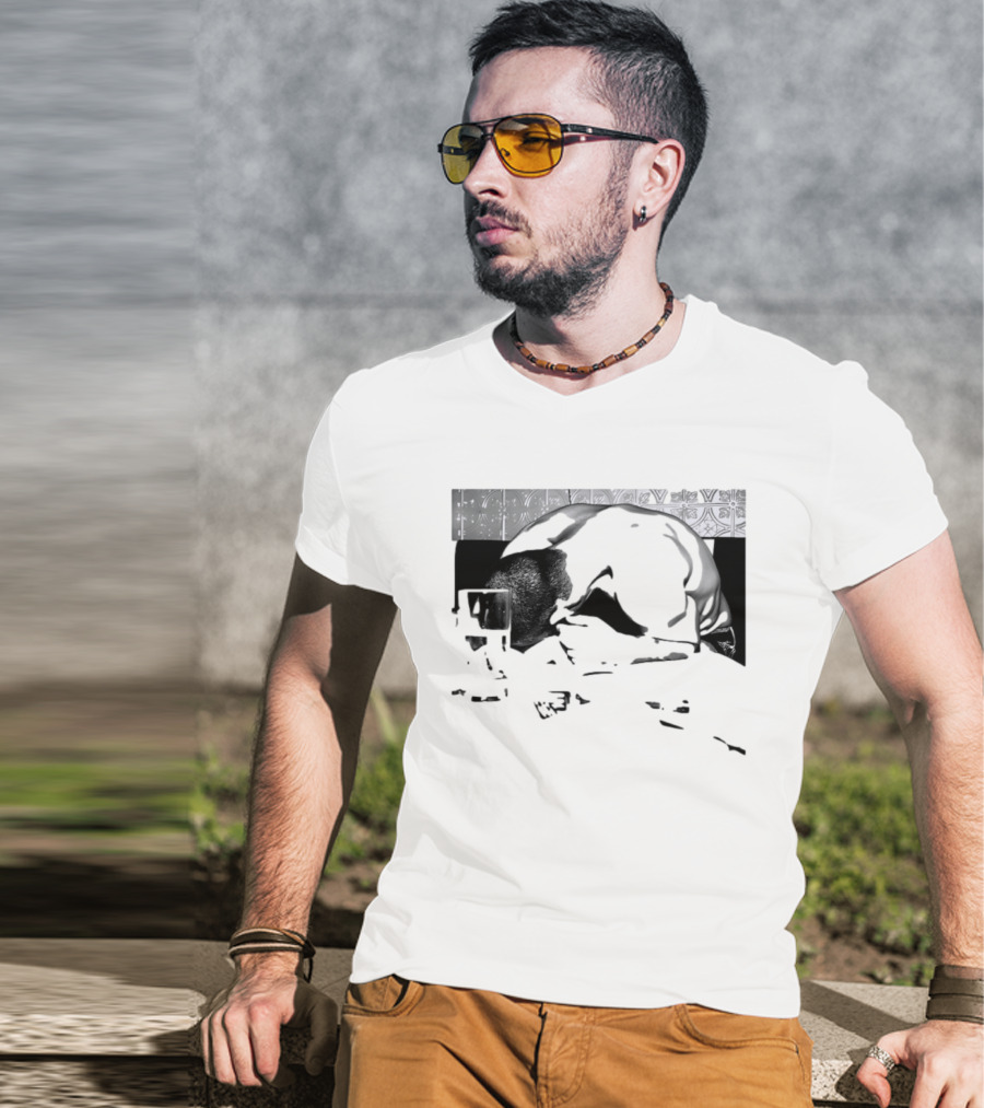 Rough Night Passed Out At Dinner Table Humor Black And White Image T-Shirt
