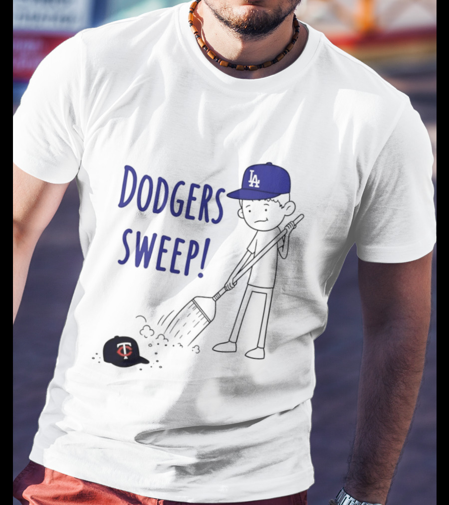 Dodgers Sweep Cartoon Figure In LA Cap Broom Action T-Shirt