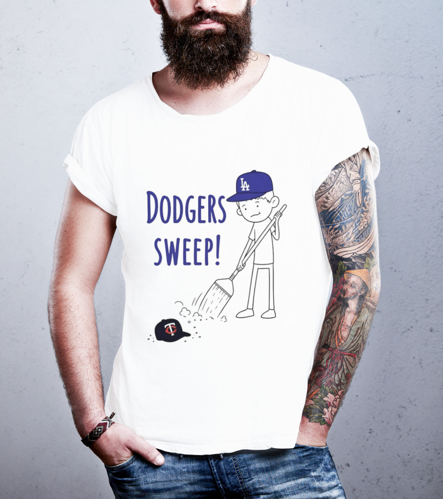 Dodgers Sweep Cartoon Figure In LA Cap Broom Action T-Shirt