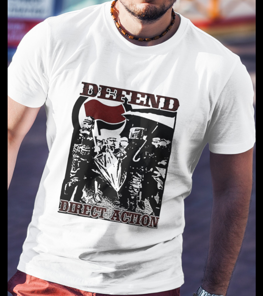 Defend Direct Action Antifa Protest Imagery With Red Flag Iconography T-Shirt