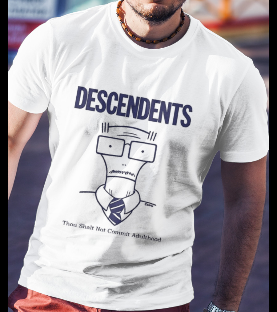 Descendents Thou Shall Not Commit Adulthood Cartoon Character With Glasses And Tie T-Shirt