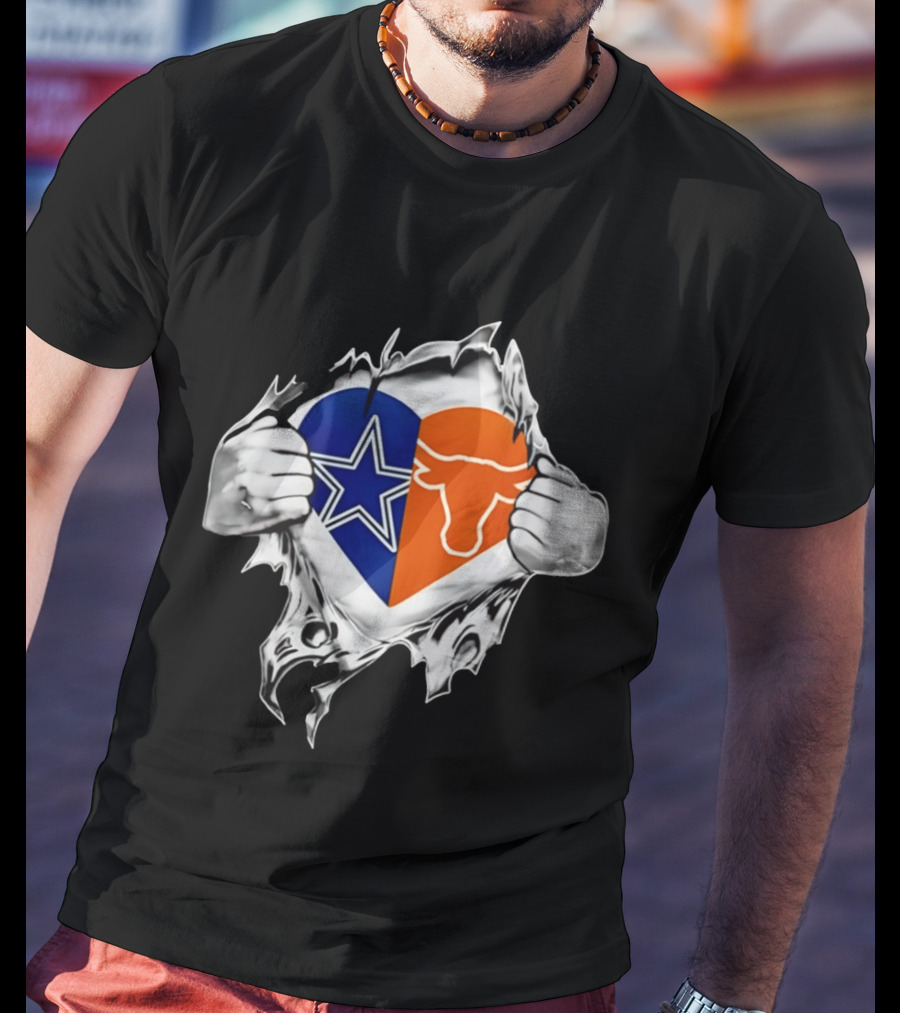 Dallas Cowboys And Texas Longhorns Heart Symbol Tearing T-Shirt