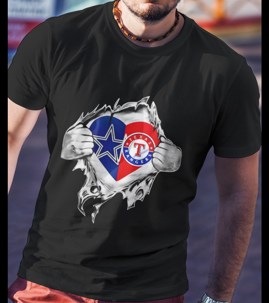 Dallas Cowboys Texas Rangers Heart Torn Open Sports T-Shirt