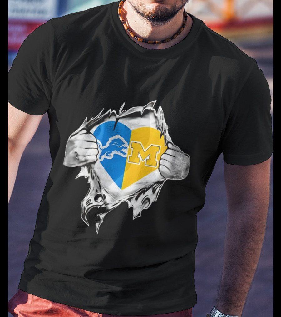 Detroit Lions Michigan Wolverines Heart Torn Reveal T-Shirt