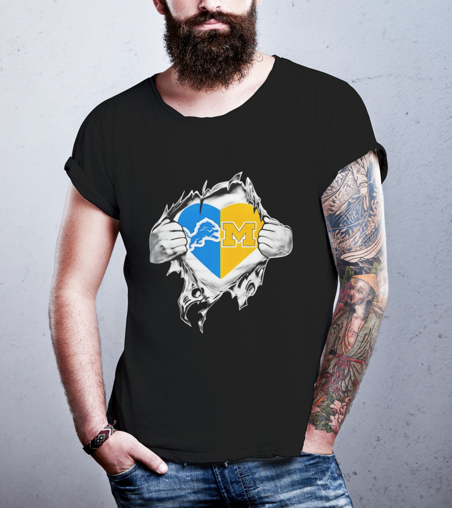 Detroit Lions Michigan Wolverines Heart Torn Reveal T-Shirt