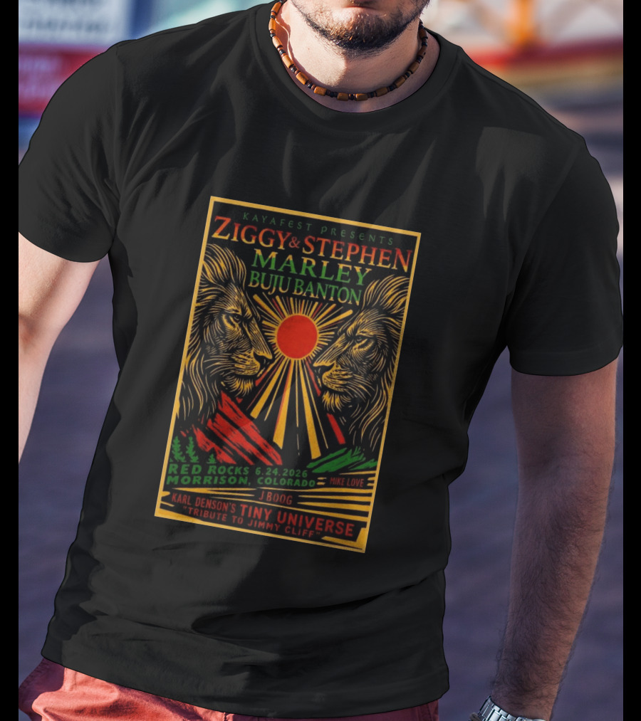 Kaya Fest Ziggy & Stephen Marley 2026 Red Rocks Morrison Colorado Buju Banton JBoog Mike Love Karl Denson's Tiny Universe Tribute To Jimmy Cliff T-Shirt