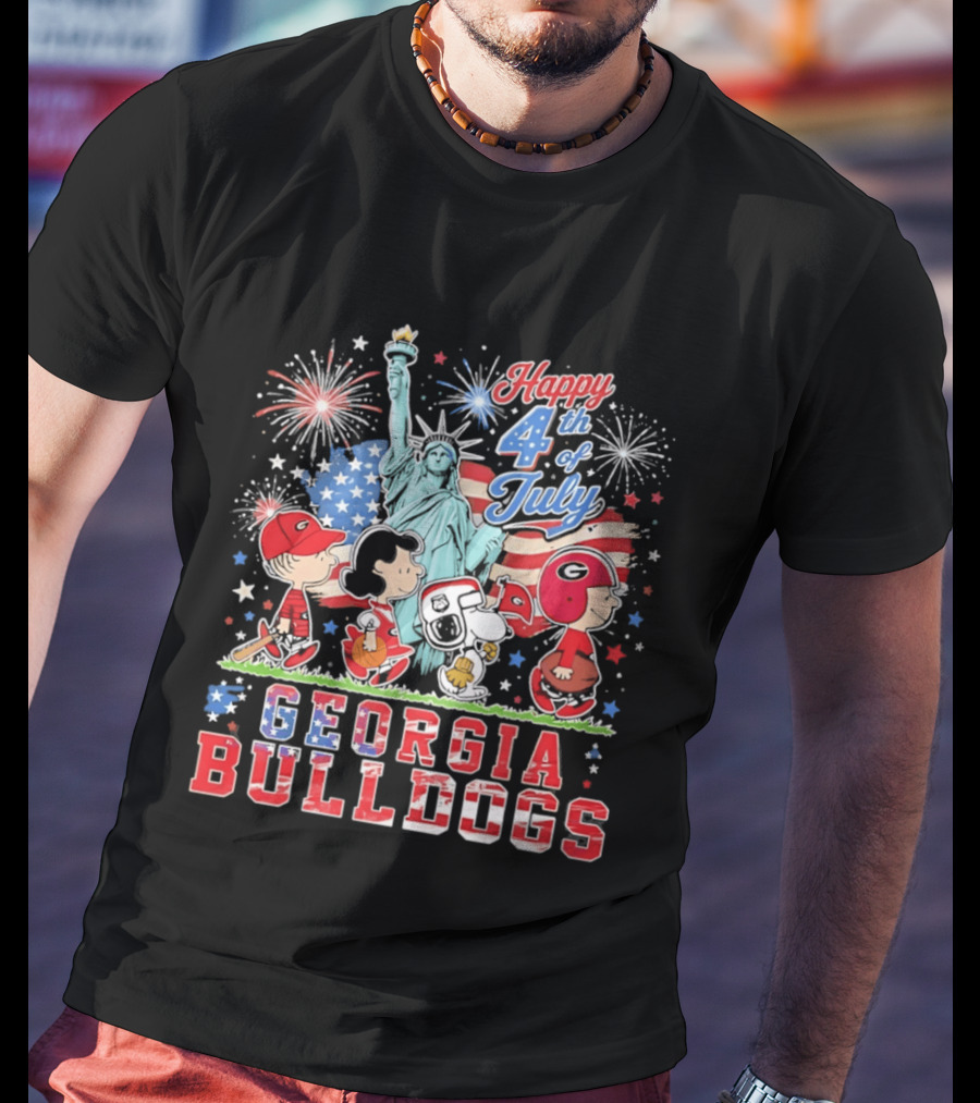 Georgia Bulldogs Snoopy Abbey Road Happy 4th Of July Statue Of Liberty Fireworks T-Shirt
