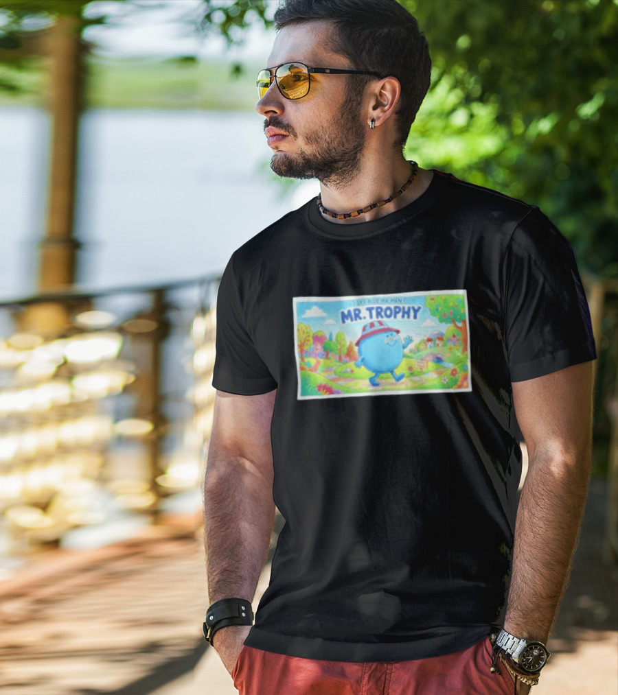 Sky Blue Mr. Men Mr. Trophy Character In Colorful Landscape Scene T-Shirt