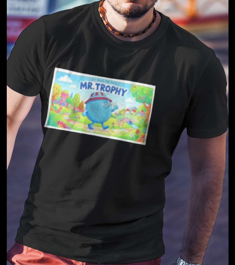 Sky Blue Mr. Men Mr. Trophy Character In Colorful Landscape Scene T-Shirt