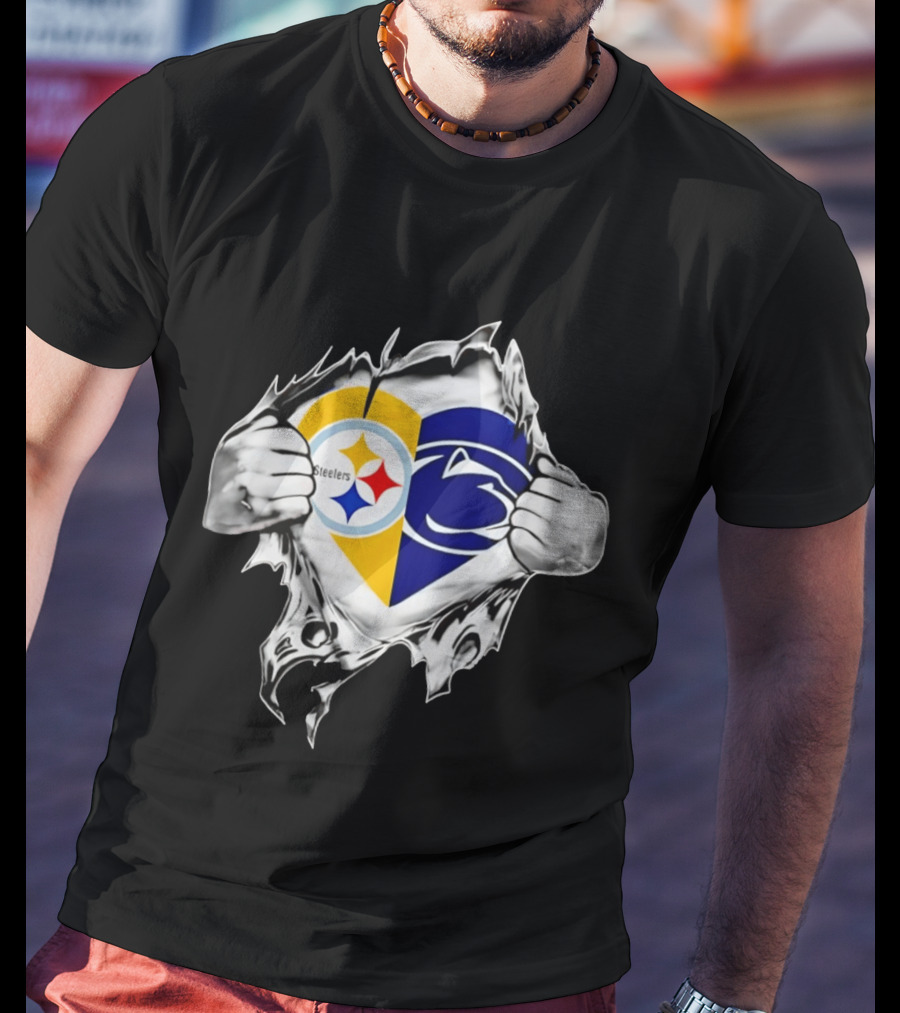 Steelers Penn State Heart Fan Logo Torn Fabric T-Shirt