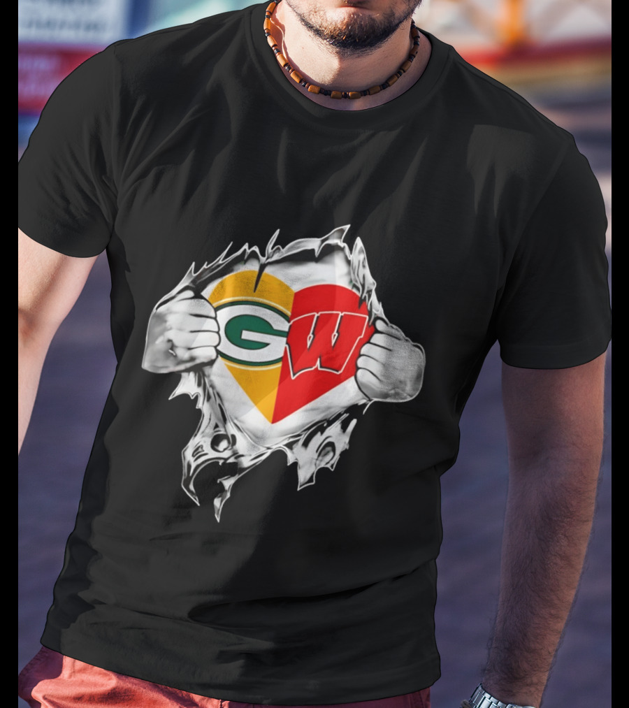 Packers Badgers Heart Logo Green Bay Wisconsin NCAA Fan Gear T-Shirt