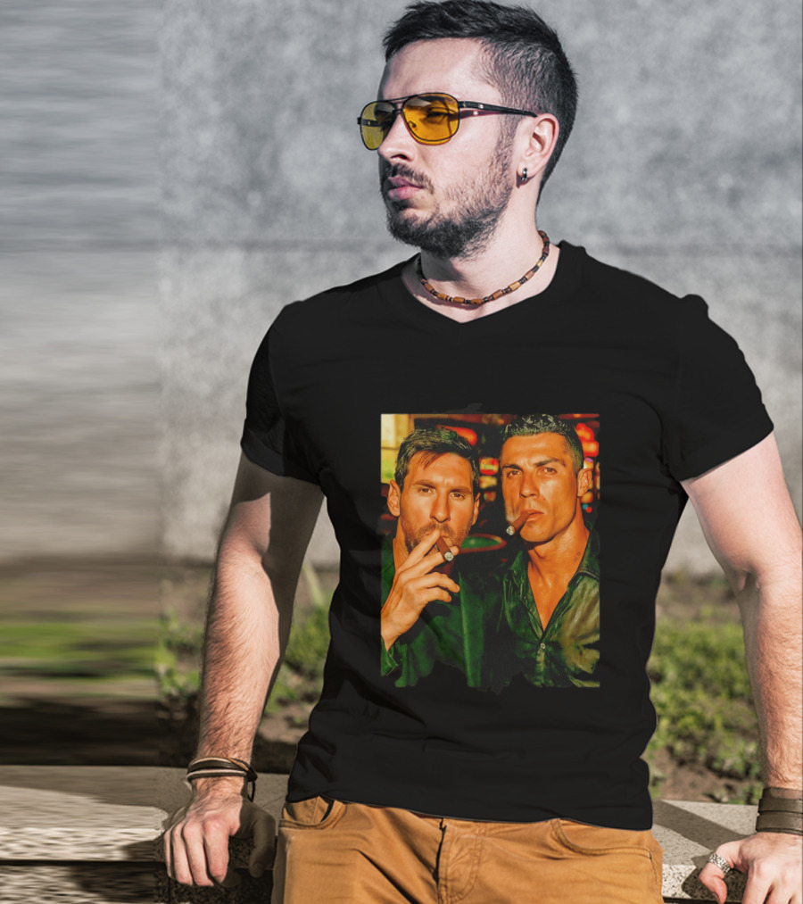 Lionel Messi Cristiano Ronaldo Cigar GOATs Smoking Iconic Duo T-Shirt