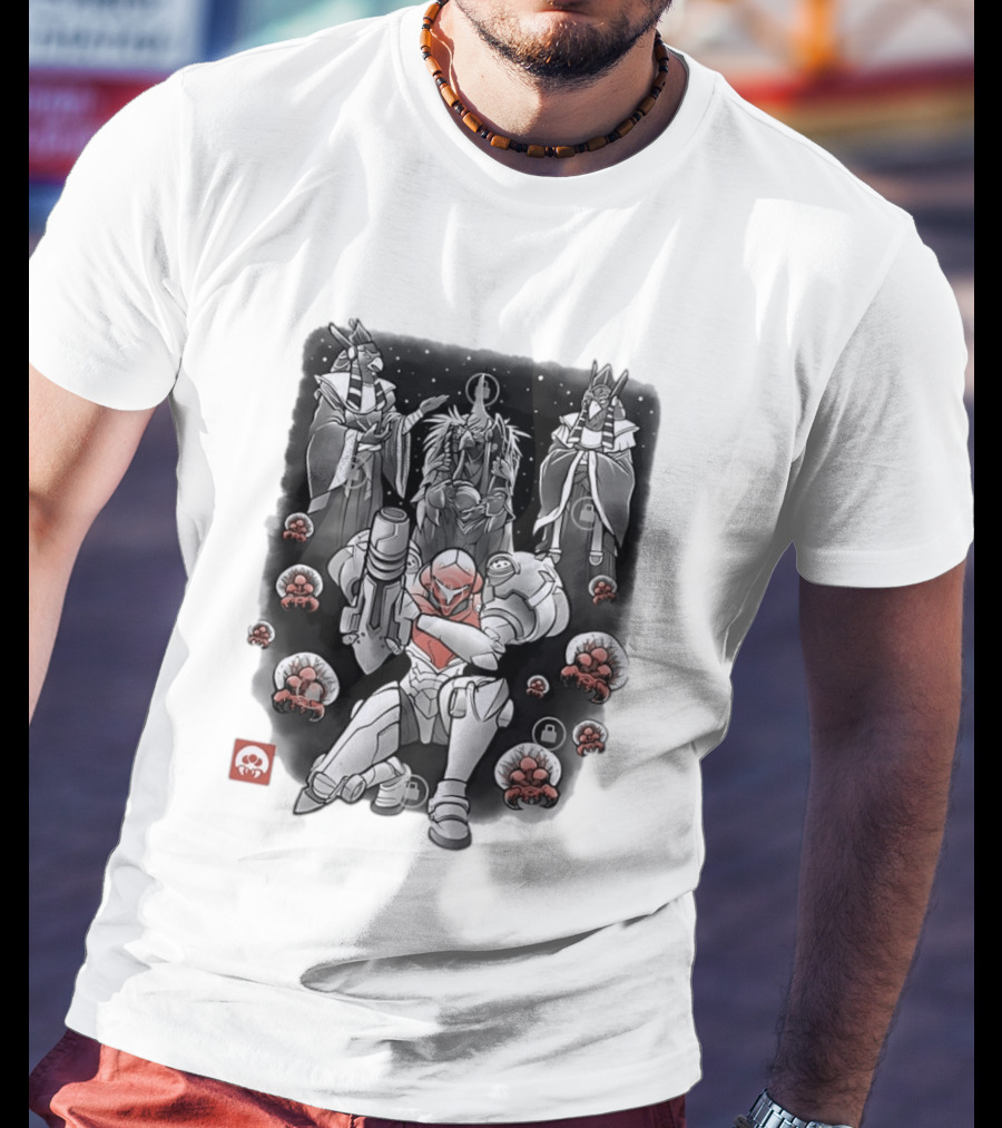 Samus Aran Metroid Sumi E Style Battle Pose With Chozo And Metroids T-Shirt