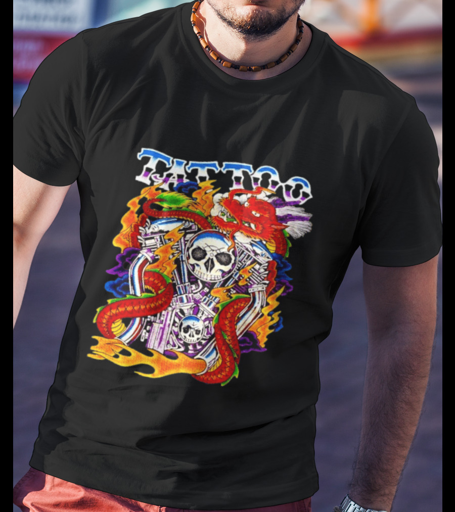 Tattoo Brand Dragon Skull Motorcycle Engine Flames T-Shirt
