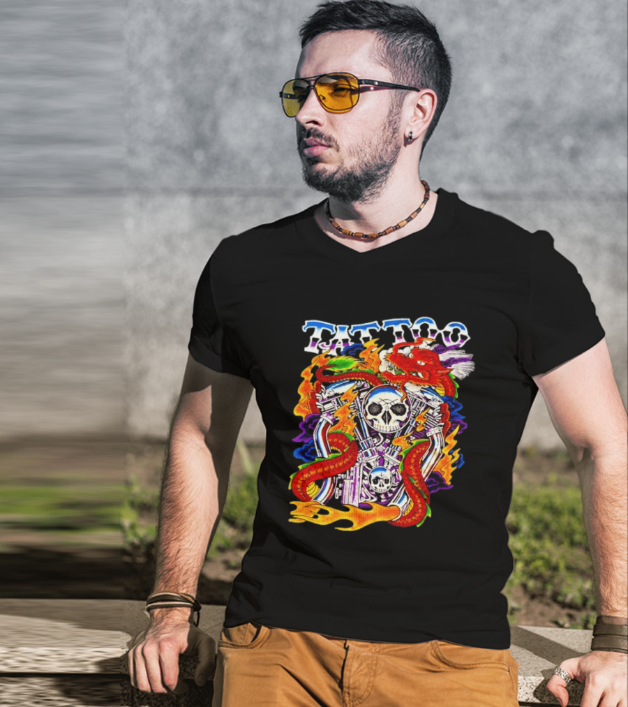 Tattoo Brand Dragon Skull Motorcycle Engine Flames T-Shirt
