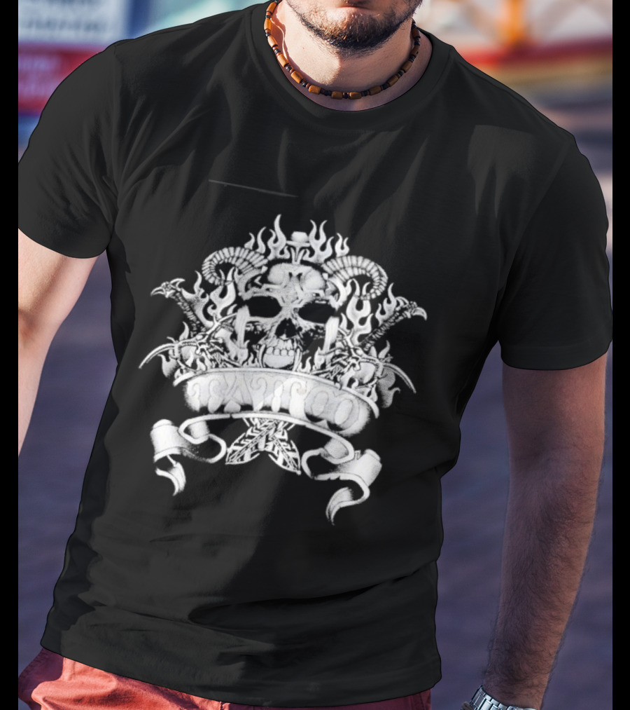 Skull With Horns And Flames Daggers Grim Reaper Tattoo T-Shirt