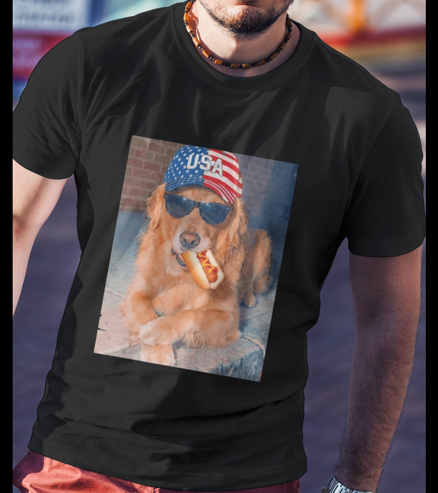Golden Retriever With USA Hat Eating Hot Dog American Flag 4th Of July T-Shirt