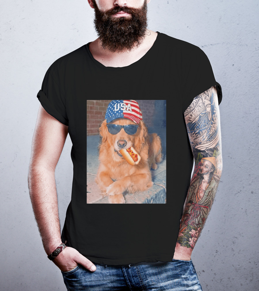 Golden Retriever With USA Hat Eating Hot Dog American Flag 4th Of July T-Shirt