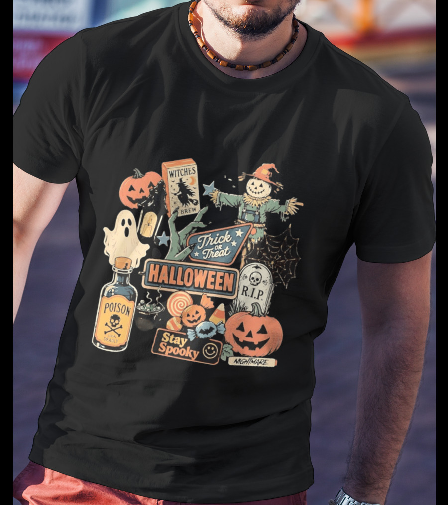 Halloween Trick Or Treat Stay Spooky Witches Brew Poison Nightmare R.I.P Ghost Pumpkins T-Shirt