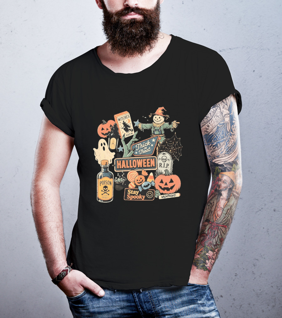 Halloween Trick Or Treat Stay Spooky Witches Brew Poison Nightmare R.I.P Ghost Pumpkins T-Shirt