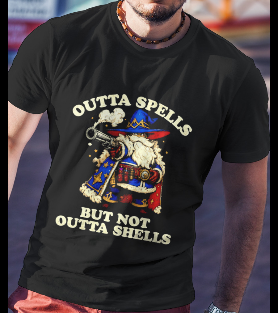 Outta Spells But Not Outta Shells Wizard With Shotgun Retro Magic Humor T-Shirt