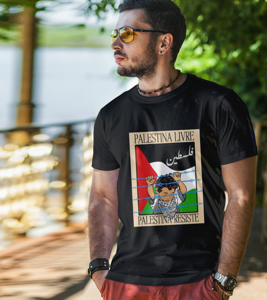 Palestina Livre Resistência Criança Frente Bandeira Arame Farpado T-Shirt