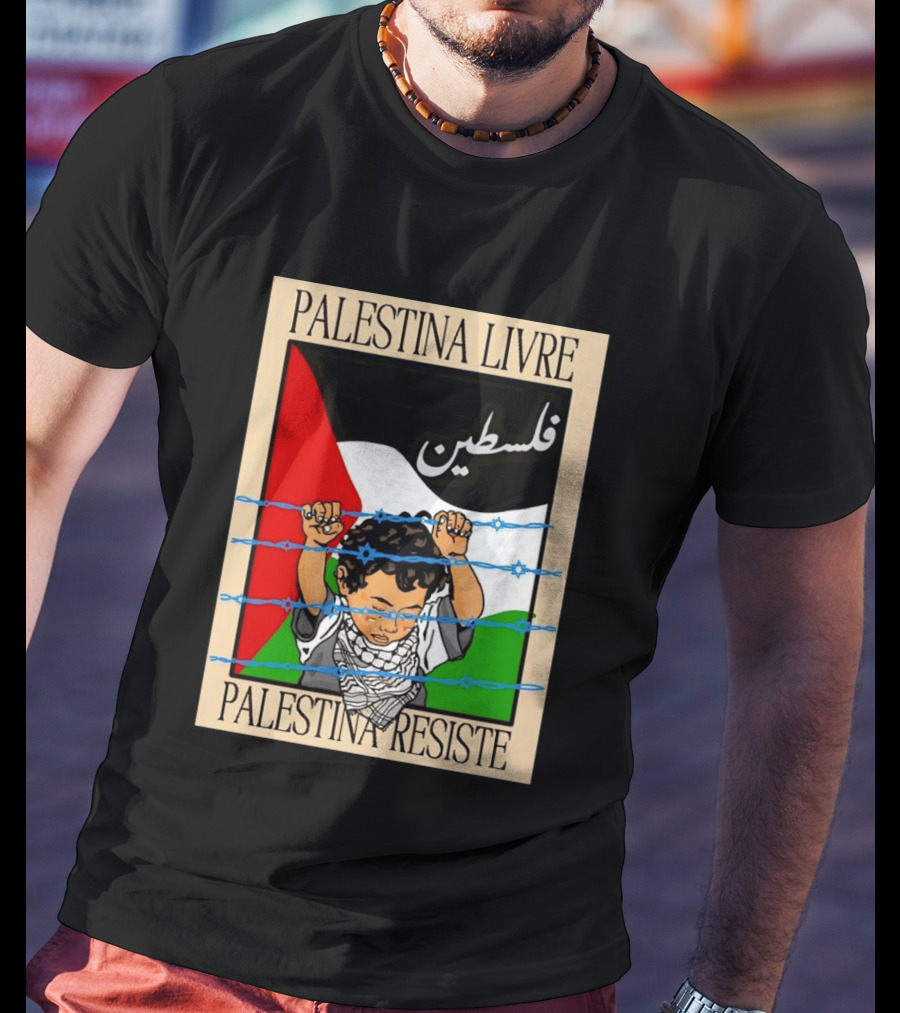 Palestina Livre Resistência Criança Frente Bandeira Arame Farpado T-Shirt