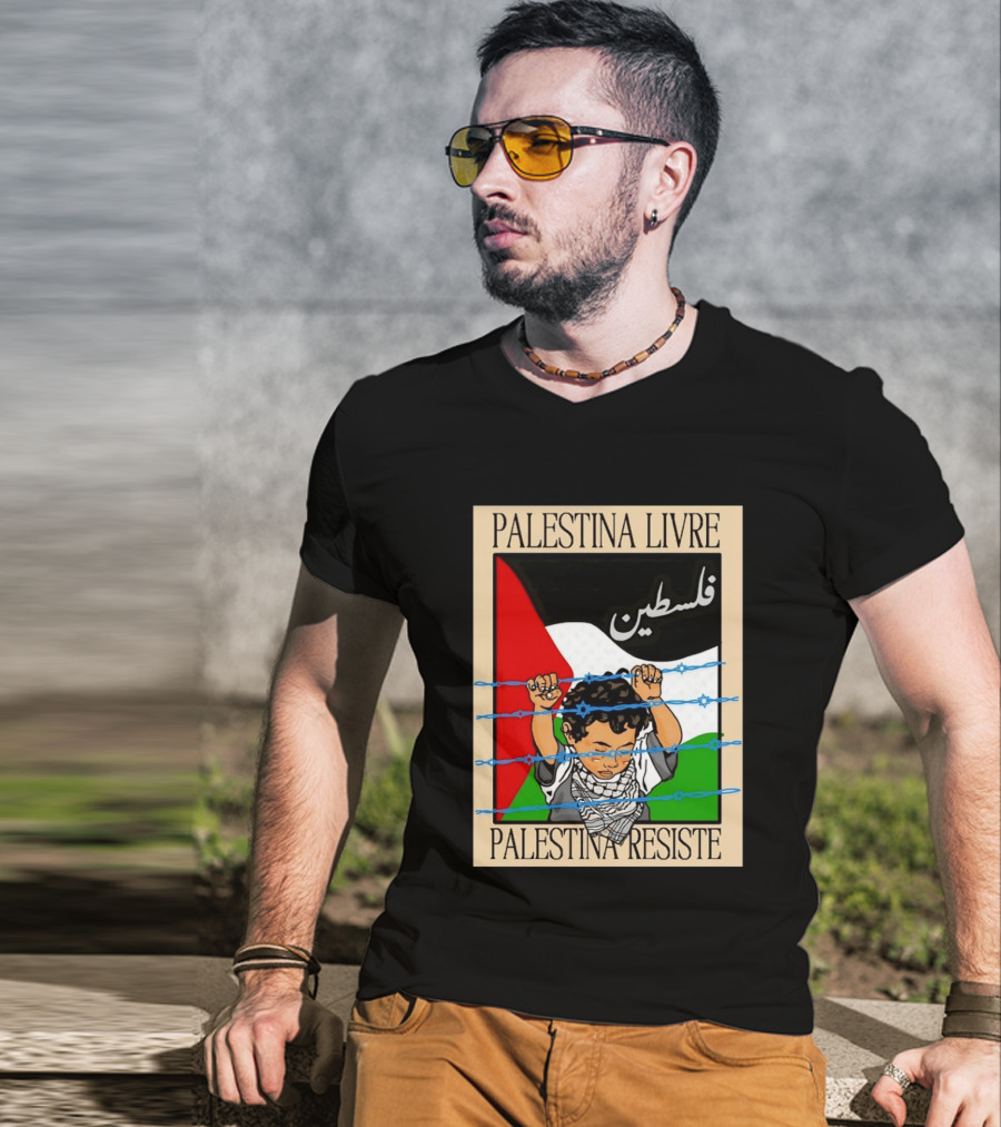 Palestina Livre Resistência Criança Frente Bandeira Arame Farpado T-Shirt